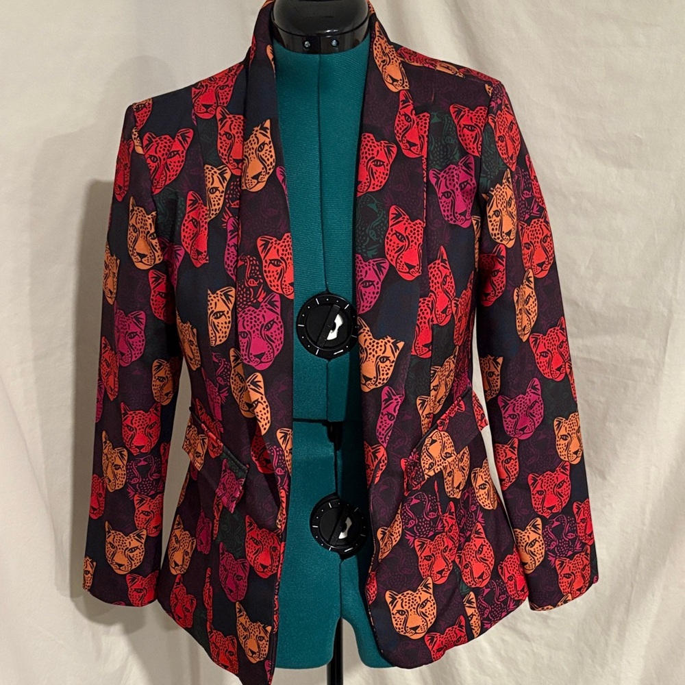 UNIQUE! Black Blazer with Red, Orange and Pink Leopard Head Print